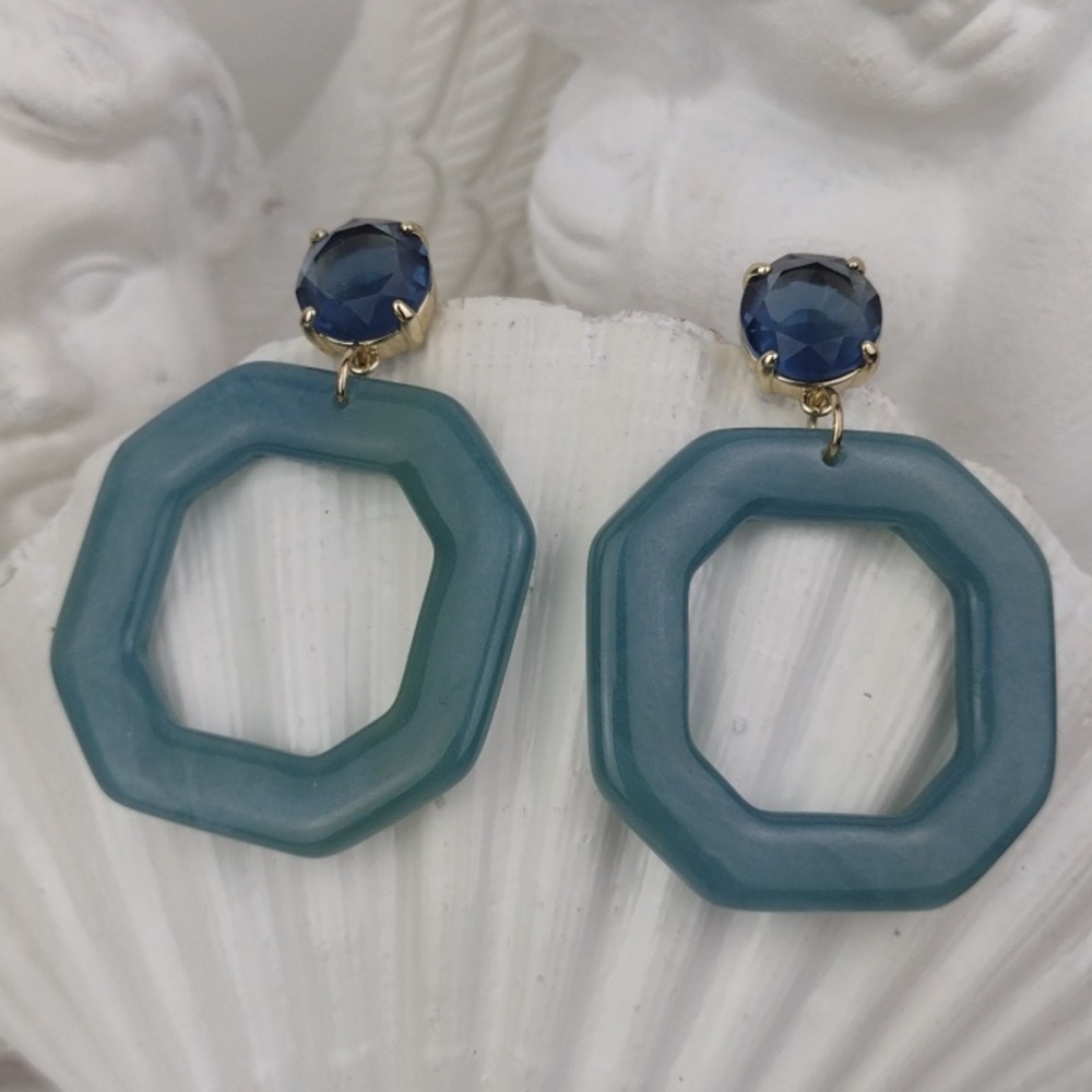 Teal Geometric Lucite Like Faceted Blue Gem Gorgeous Drop Earrings